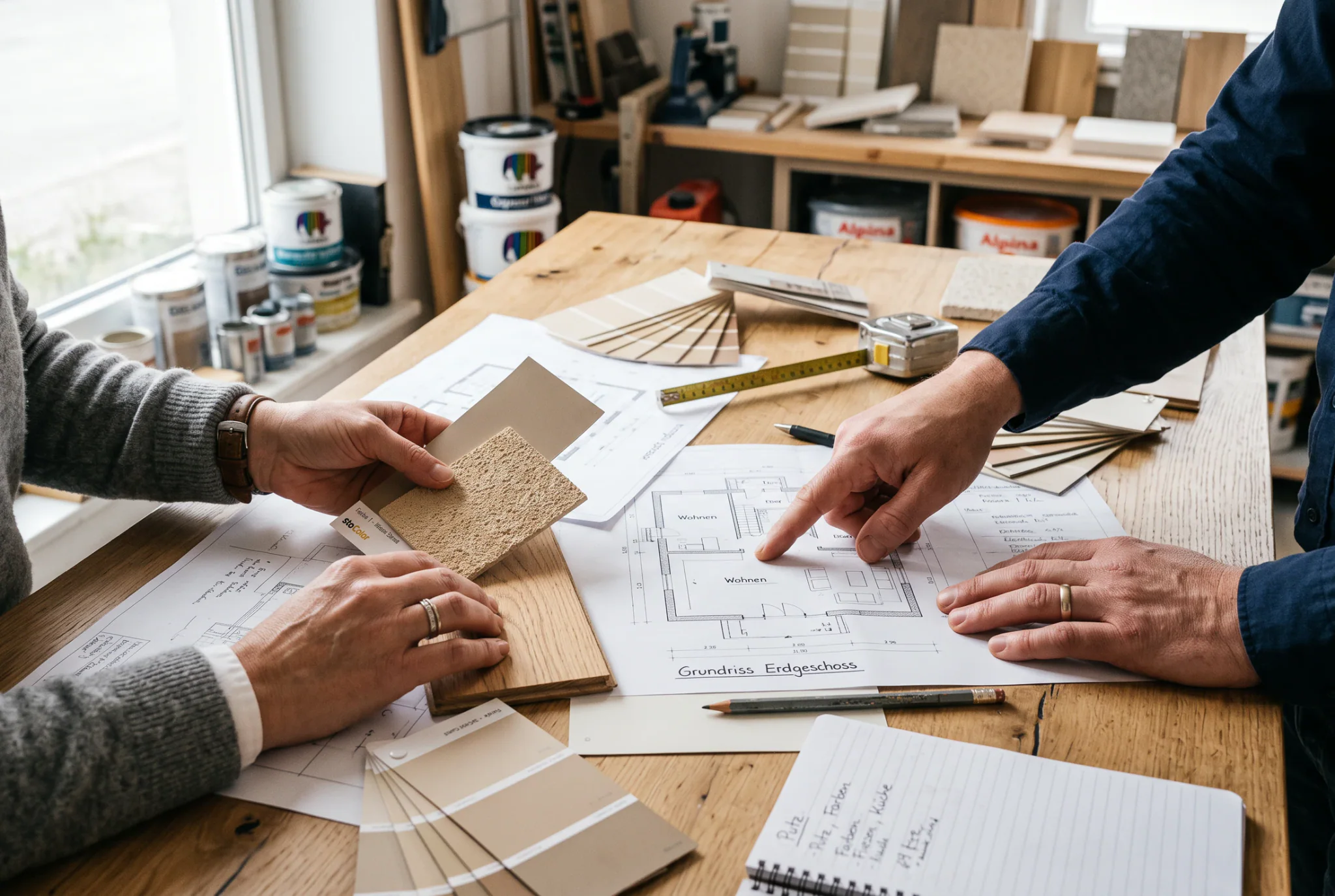 Beratungsgespräch am Arbeitstisch: Grundriss, Farbfächer und Materialmuster