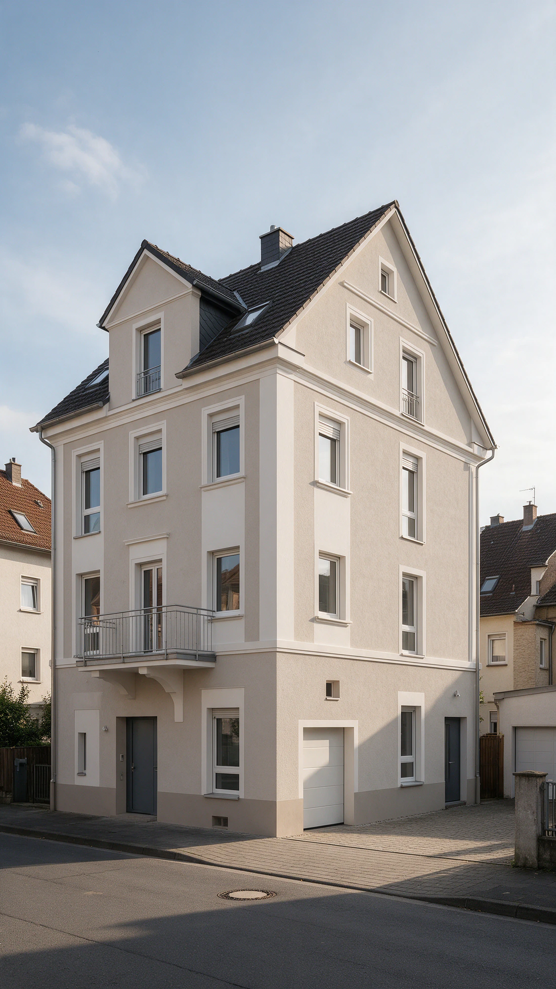 Beispielbild: sanierte, hell verputzte Fassade eines Mehrfamilienhauses